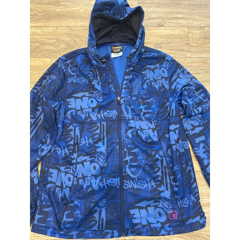 Vintage AND1 Mens Blue Graffiti Print Full Zip Fleece Hoodie Jacket Size Large‎